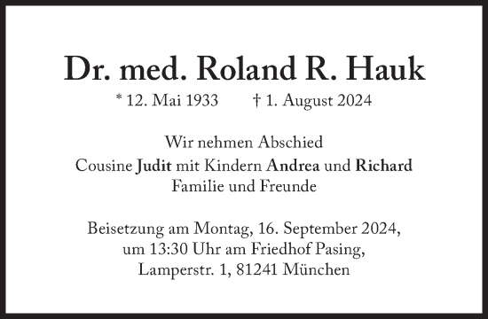 Traueranzeige von Roland R. Hauk von Süddeutsche Zeitung