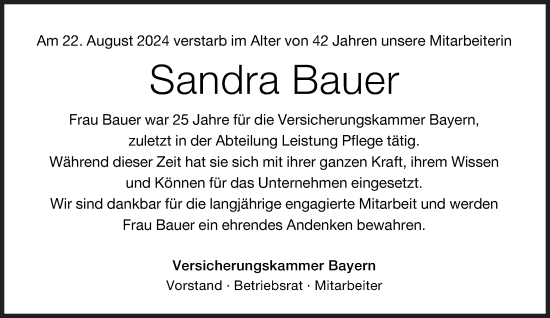 Traueranzeige von Sandra Bauer von Süddeutsche Zeitung