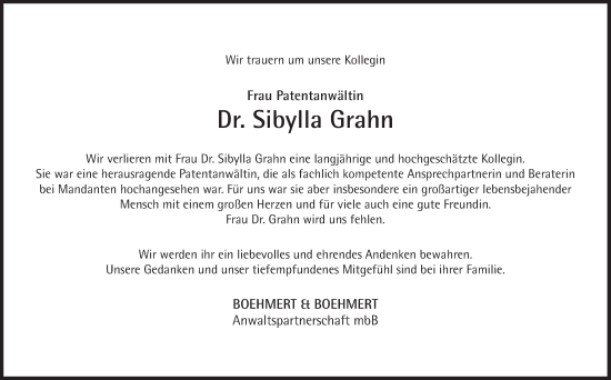 Traueranzeige von Sibylla Grahn von Süddeutsche Zeitung