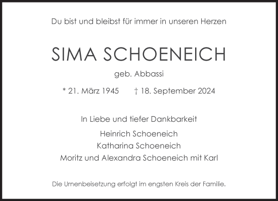 Traueranzeige von Sima Schoeneich von Süddeutsche Zeitung