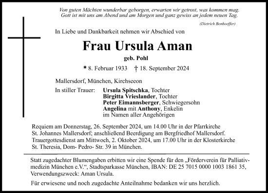 Traueranzeige von Ursula Aman von Süddeutsche Zeitung