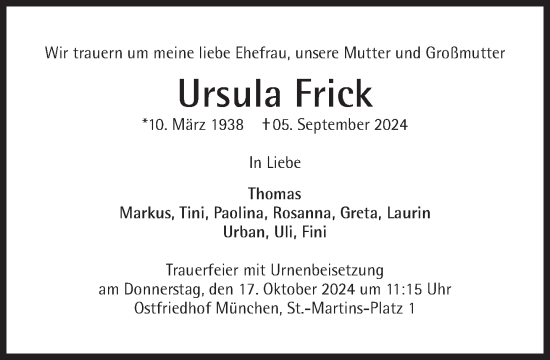 Traueranzeige von Ursula Frick von Süddeutsche Zeitung