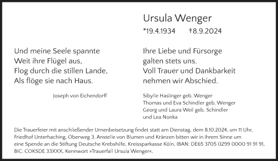 Traueranzeige von Ursula Wenger von Süddeutsche Zeitung