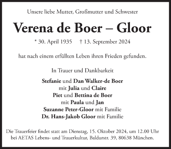 Traueranzeige von Verena de Boer – Gloor von Süddeutsche Zeitung