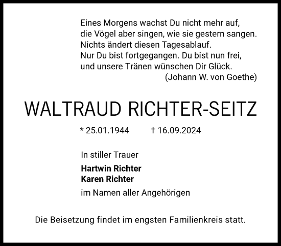 Traueranzeige von Waltraud Richter-Seitz von Süddeutsche Zeitung