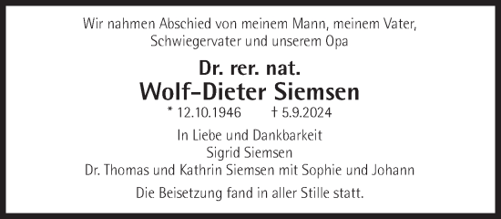 Traueranzeige von Wolf-Dieter Siemsen von Süddeutsche Zeitung