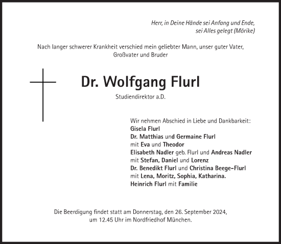 Traueranzeige von Wolfgang Flurl von Süddeutsche Zeitung