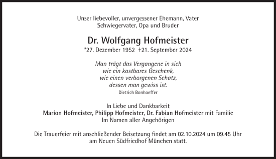 Traueranzeige von Wolfgang Hofmeister von Süddeutsche Zeitung