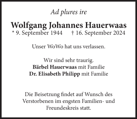 Traueranzeige von Wolfgang Johannes Hauerwaas von Süddeutsche Zeitung