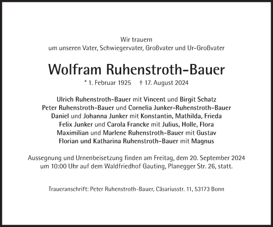 Traueranzeige von Wolfram Ruhenstroth-Bauer von Süddeutsche Zeitung