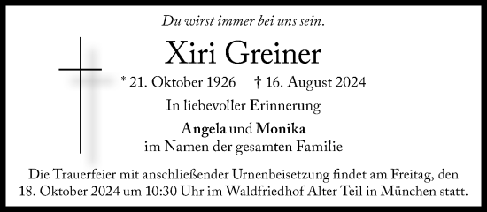 Traueranzeige von Xiri Greiner von Süddeutsche Zeitung