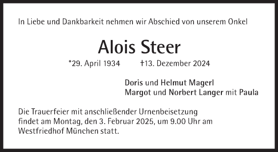 Traueranzeige von Alois Steer von Süddeutsche Zeitung