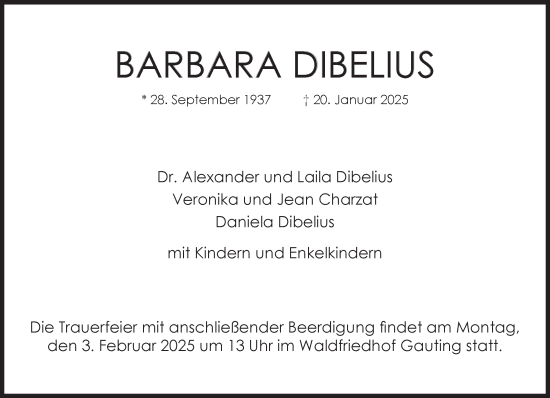 Traueranzeige von Barbara Dibelius von Süddeutsche Zeitung