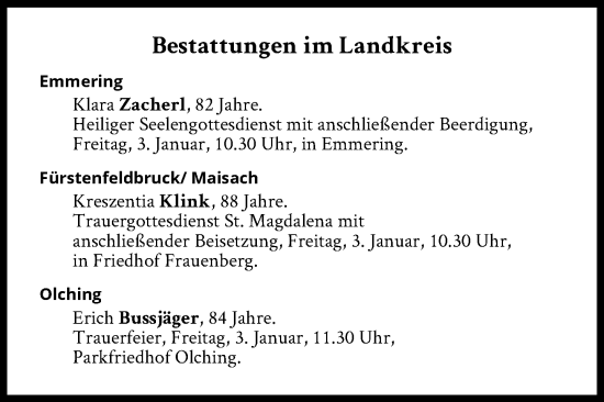 Traueranzeige von Bestattungen vom 03.01.2025 von Süddeutsche Zeitung