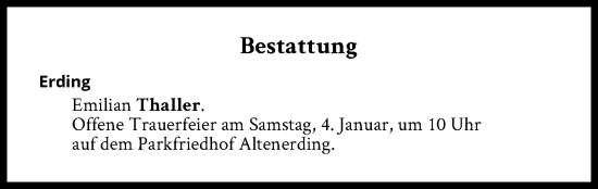 Traueranzeige von Bestattungen vom 04.01.2025 von Süddeutsche Zeitung