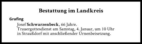 Traueranzeige von Bestattungen vom 04.01.2025 von Süddeutsche Zeitung