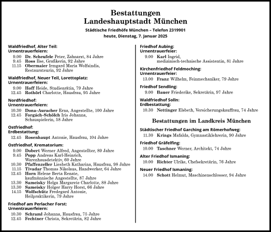 Traueranzeige von Bestattungen vom 07.01.2025 von Süddeutsche Zeitung