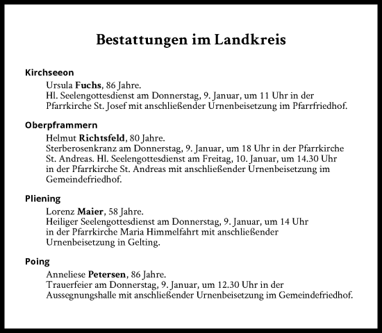 Traueranzeige von Bestattungen vom 09.01.2025 von Süddeutsche Zeitung