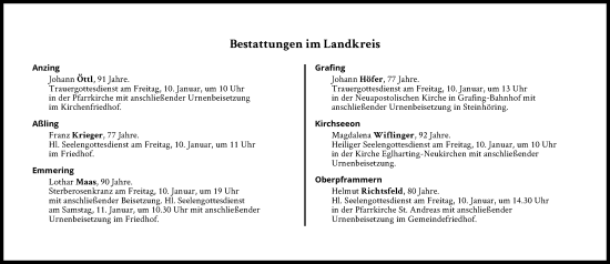 Traueranzeige von Bestattungen vom 10.01.2025 von Süddeutsche Zeitung