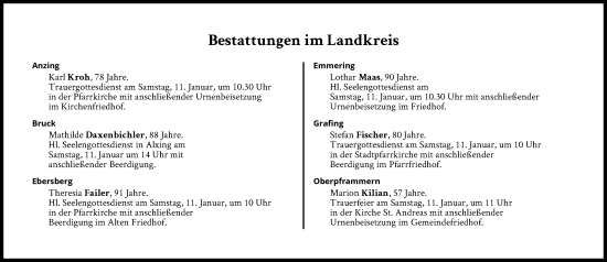 Traueranzeige von Bestattungen vom 11.01.2025 von Süddeutsche Zeitung