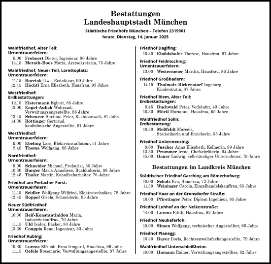 Traueranzeige von Bestattungen vom 14.01.2025 von Süddeutsche Zeitung