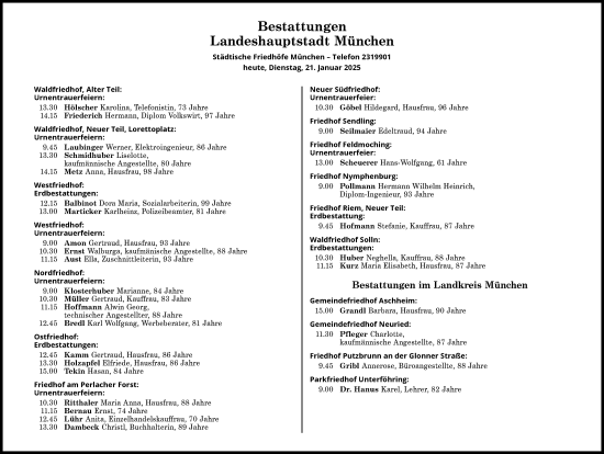 Traueranzeige von Bestattungen vom 21.01.2025 von Süddeutsche Zeitung