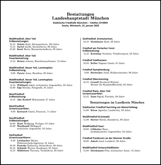 Traueranzeige von Bestattungen vom 22.01.2025 von Süddeutsche Zeitung