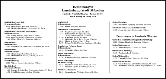 Traueranzeige von Bestattungen vom 24.01.2025 von Süddeutsche Zeitung