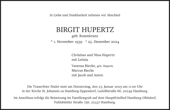 Traueranzeige von Birgit Hupertz von Süddeutsche Zeitung