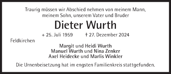 Traueranzeige von Dieter Wurth von Süddeutsche Zeitung