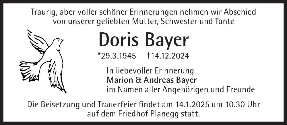  Traueranzeige für Doris Bayer vom 04.01.2025 aus Süddeutsche Zeitung