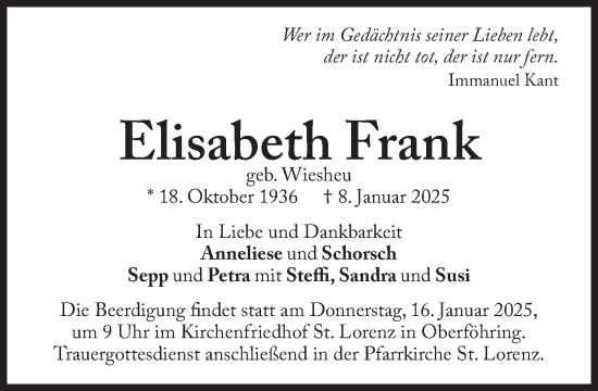 Traueranzeige von Elisabeth Frank von Süddeutsche Zeitung