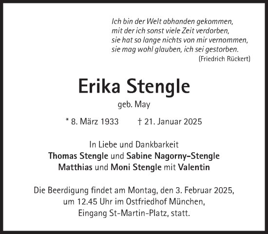 Traueranzeige von Erika Stengle von Süddeutsche Zeitung