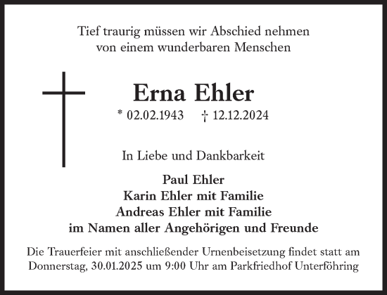 Traueranzeige von Erna Ehler von Süddeutsche Zeitung