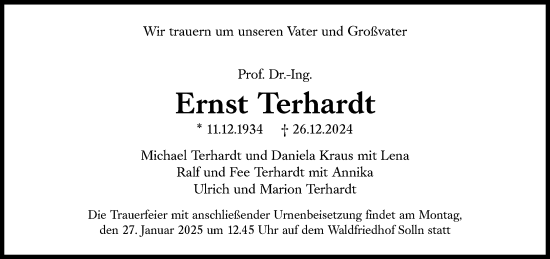 Traueranzeige von Ernst Terhardt von Süddeutsche Zeitung