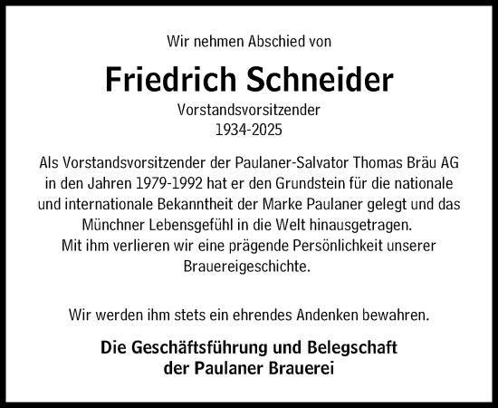 Traueranzeige von Friedrich Schneider von Süddeutsche Zeitung