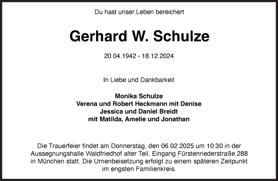 Traueranzeige von Gerhard W. Schulze von Süddeutsche Zeitung