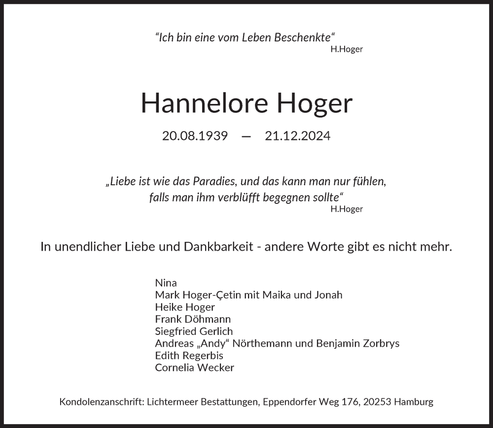  Traueranzeige für Hannelore Hoger vom 04.01.2025 aus Süddeutsche Zeitung