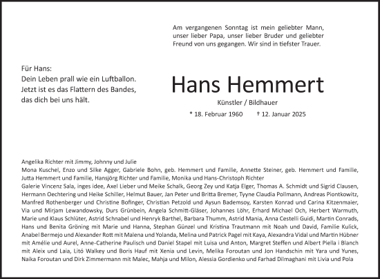 Traueranzeige von Hans Hemmert von Süddeutsche Zeitung