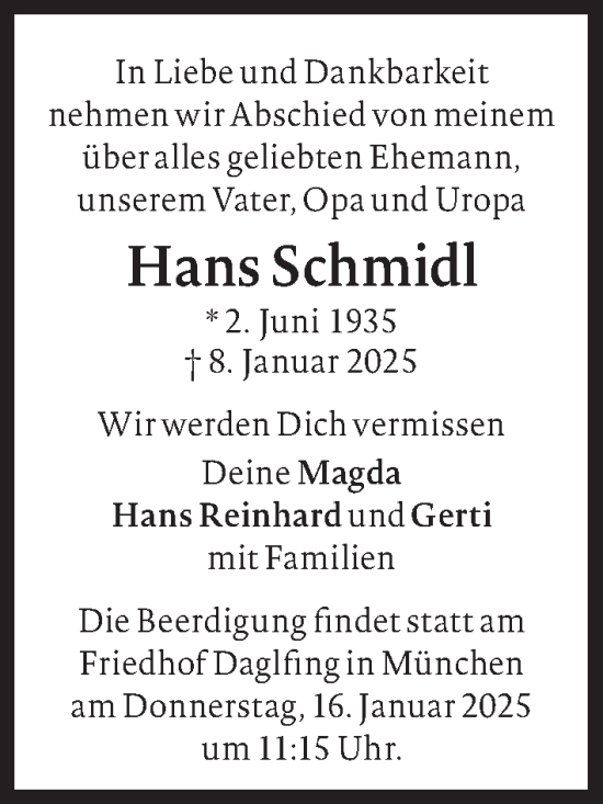 Traueranzeige von Hans Schmidl von Süddeutsche Zeitung