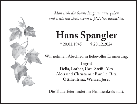 Traueranzeige von Hans Spangler von Süddeutsche Zeitung