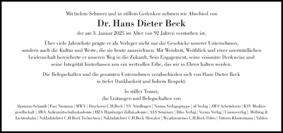 Traueranzeige von Hans Dieter Beck von Süddeutsche Zeitung