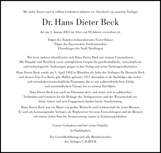 Traueranzeige von Hans Dieter Beck von Süddeutsche Zeitung