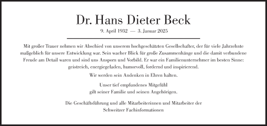 Traueranzeige von Hans Dieter Beck von Süddeutsche Zeitung