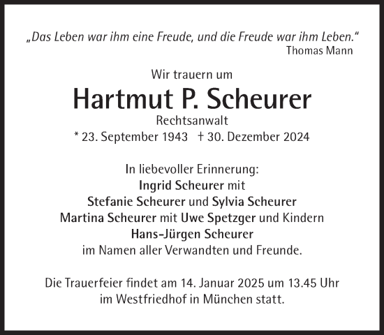 Traueranzeige von Hartmut P. Scheurer von Süddeutsche Zeitung