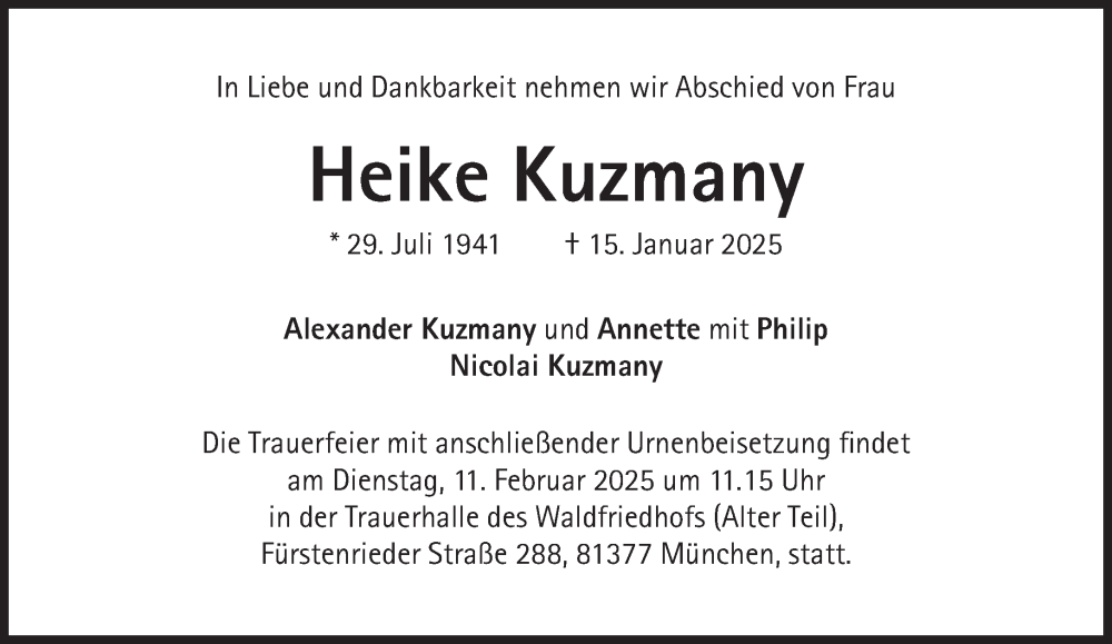  Traueranzeige für Heike Kuzmany vom 01.02.2025 aus Süddeutsche Zeitung