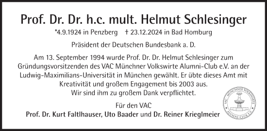 Traueranzeige von Helmut Schlesinger von Süddeutsche Zeitung