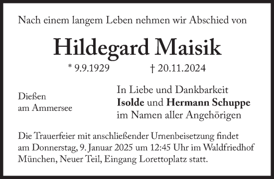 Traueranzeige von Hildegard Maisik von Süddeutsche Zeitung