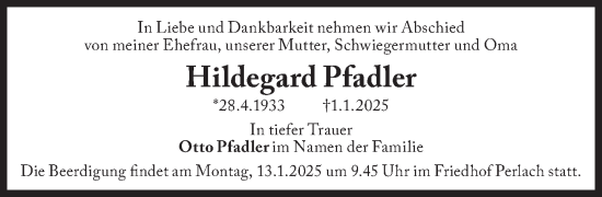 Traueranzeige von Hildegard Pfadler von Süddeutsche Zeitung
