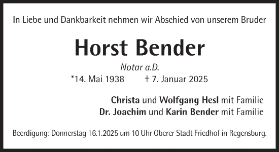 Traueranzeige von Horst Bender von Süddeutsche Zeitung